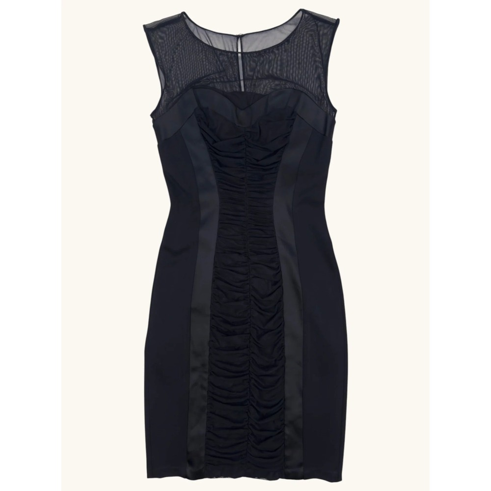Cache Black Mesh Illusion Neckline Ruched Bodycon Cocktail Dress Size 2
